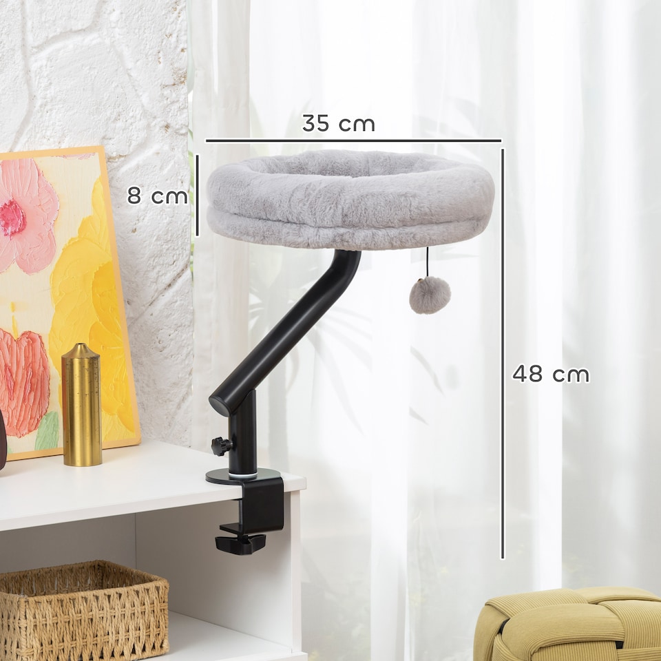 image 1 of PawHut Cat Bed for Desk, 360 degrees Rotatable Adjustable Elevated Cat Desk Bed, Comfortable Soft Plush Kitten Hammock Nest Cushion Machine-Washable