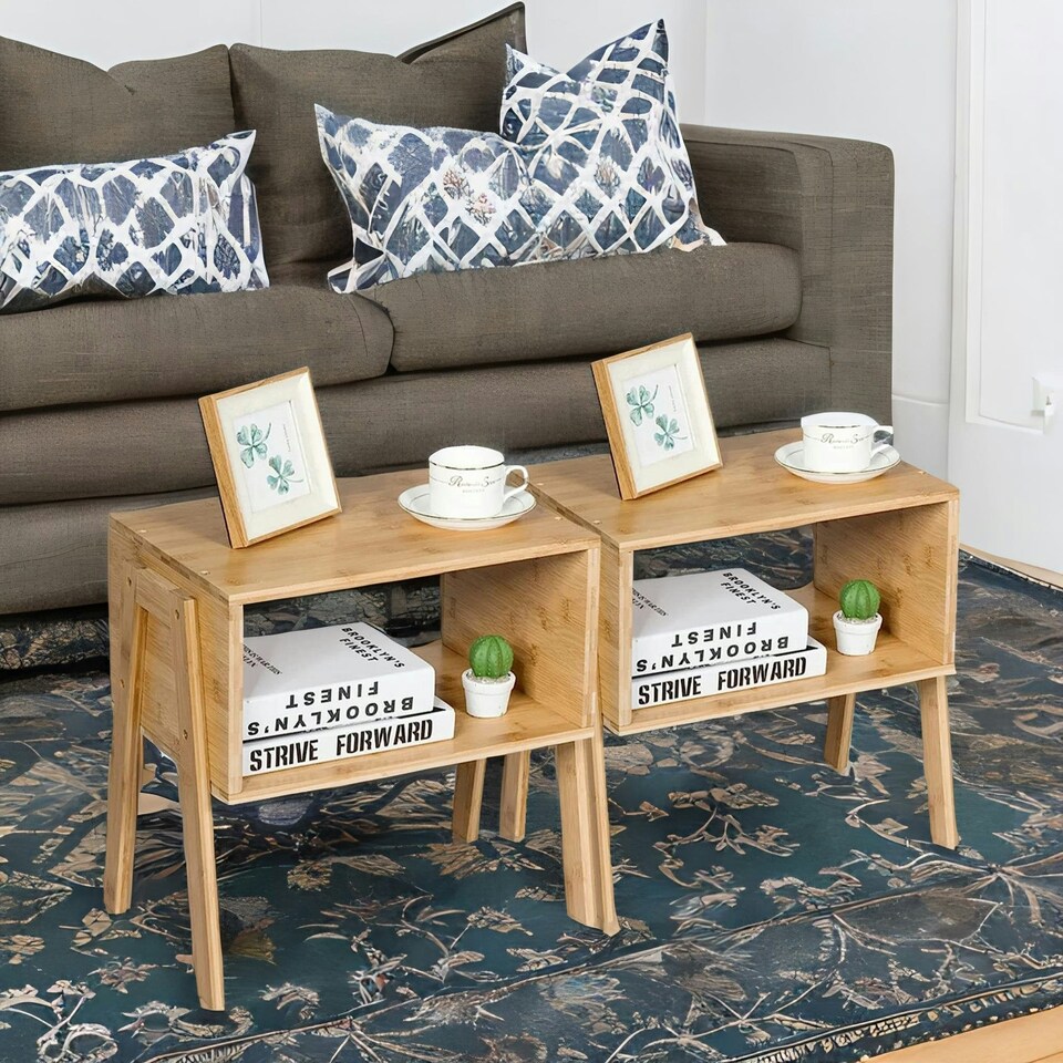 image 1 of Set Of 2 Wooden Stackable Bedside Tables Brown