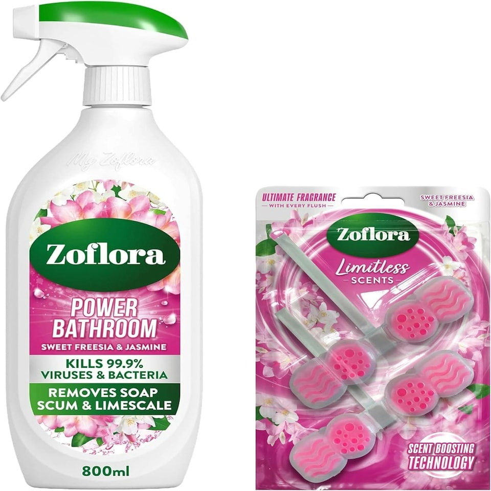 image 1 of Zoflora Sweet Freesia & Jasmine Bundle - Power Bathroom Cleaner 800 ml & Rim Blocks, 2 x 131g Pack