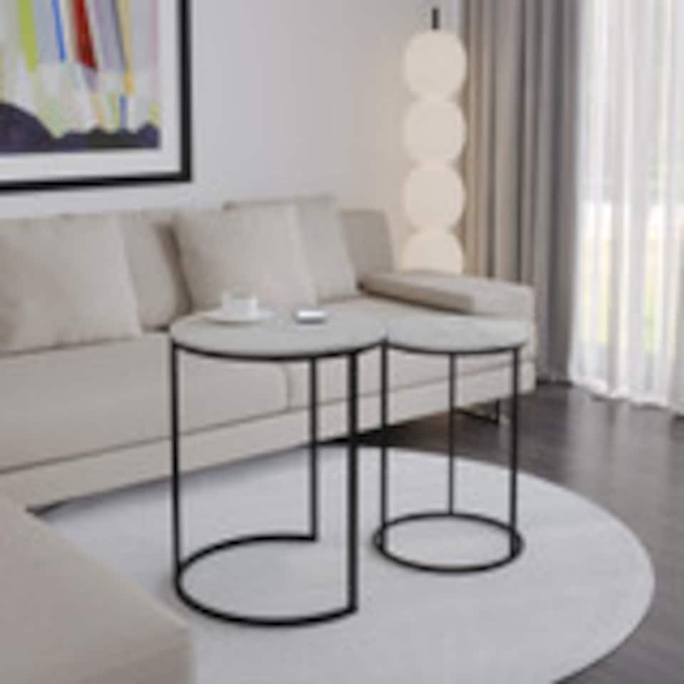 image 1 of 2Pc Round Nesting Stackable Sofa Side Bedside End Table Set Wood Top Metal Legs | Multi | White Marble Top with Black Legs