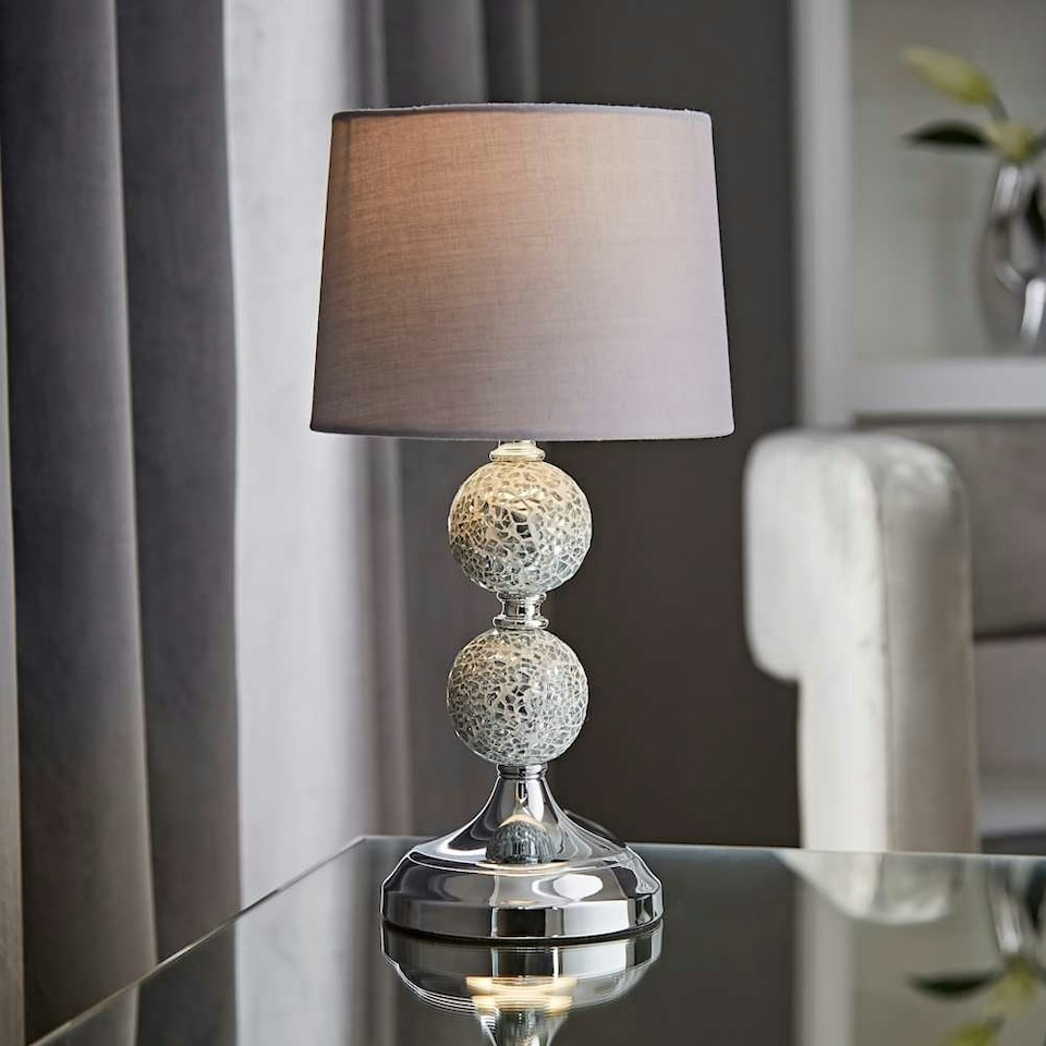image 1 of ValueLights Modern Decorative Chrome And Mosaic Crackle Glass Table Lamp With Grey Shade