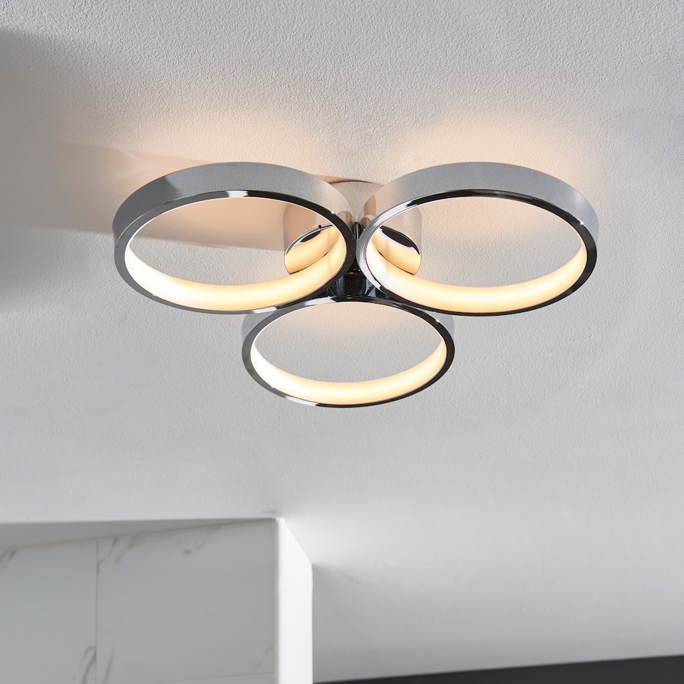 image 1 of Radius Modern Designer Round LED Semi Flush Ceiling Light Chrome, Warm White, IP44