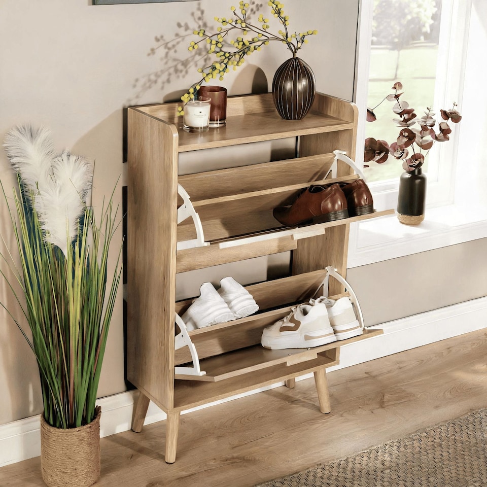 image 1 of 2 Door Shoe Storage Cabinet Rattan Door Fronts Solid Wooden Legs Home Furniture