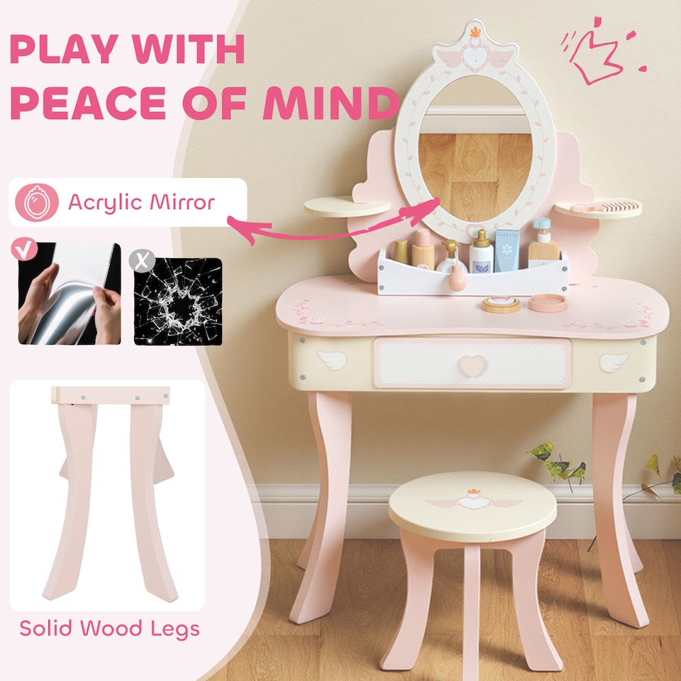 image 1 of AIYAPLAY Kids Dressing Table, Girls Vanity Set w/ Stool, 7 Play Accessories