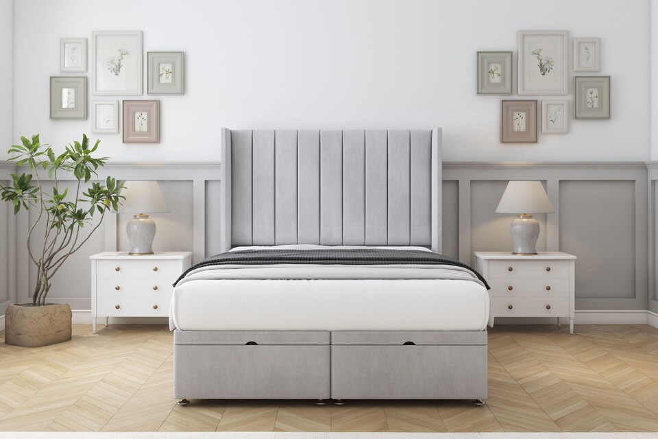 image 1 of Sloomy Falcon Silver Naples Ottoman Bed With Mattress With 54" Wingback Headboard 4'6 Double