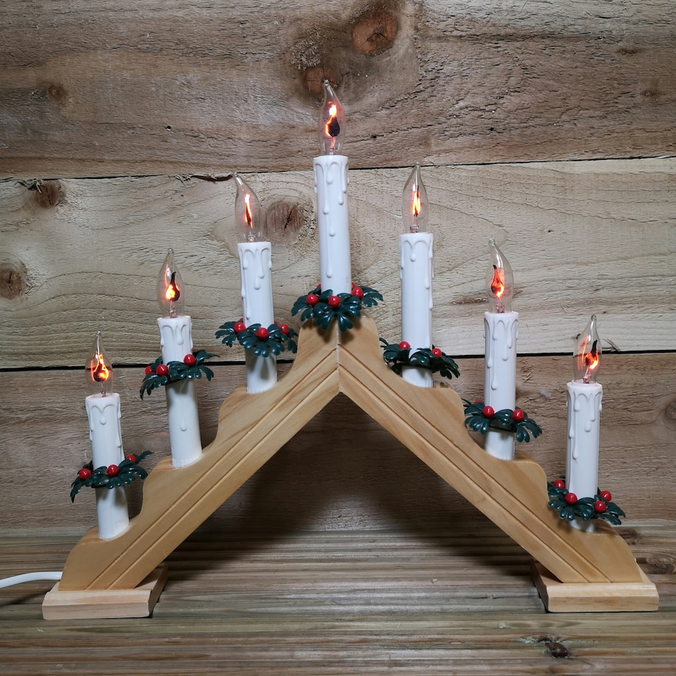 image 1 of 40cm Premier Christmas Candlebridge with 7 Flickering Bulb in Light Wood Finish Mains Operated