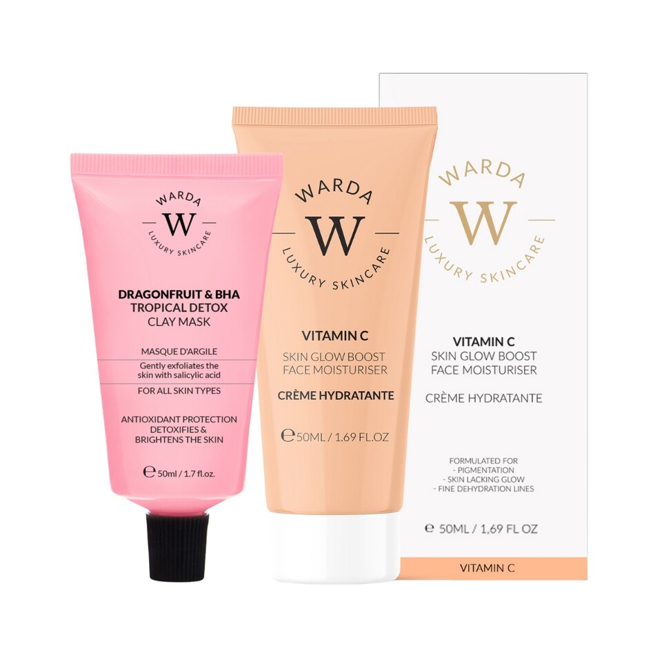 image 1 of Warda Luxury Skincare Skin Glow Boost Vitamin C Moisturiser 50ml + Dragonfruit & BHA Tropical Detox Clay Mask 50ml