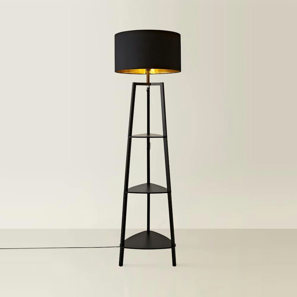 image 1 of ValueLights Hiru Black 3 Tier Floor Shelf Lamp Black Shade Black