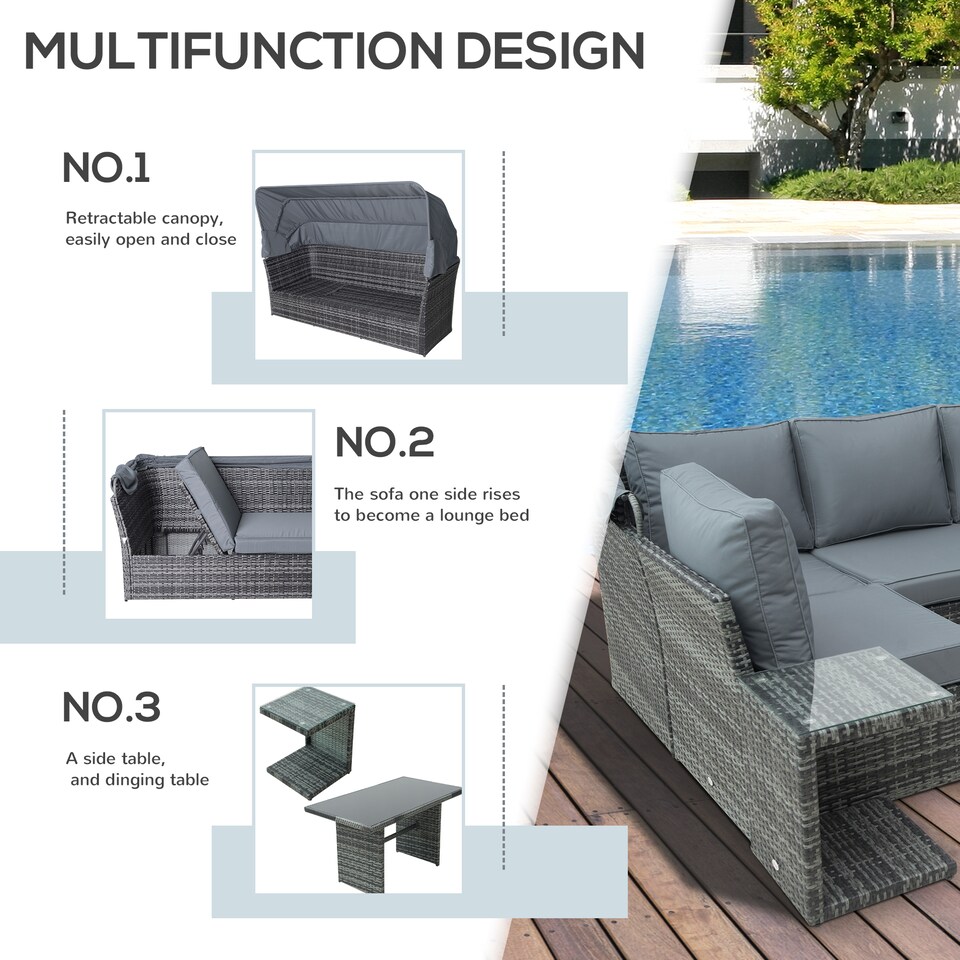 image 1 of Outsunny 5 PCS Outdoor Rattan Wicker Sofa Sets Reclining Sofa Adjustable Canopy & Side Table Dining Table Set Sectional Conversation Furniture w/ Cushions, Mixed Grey
