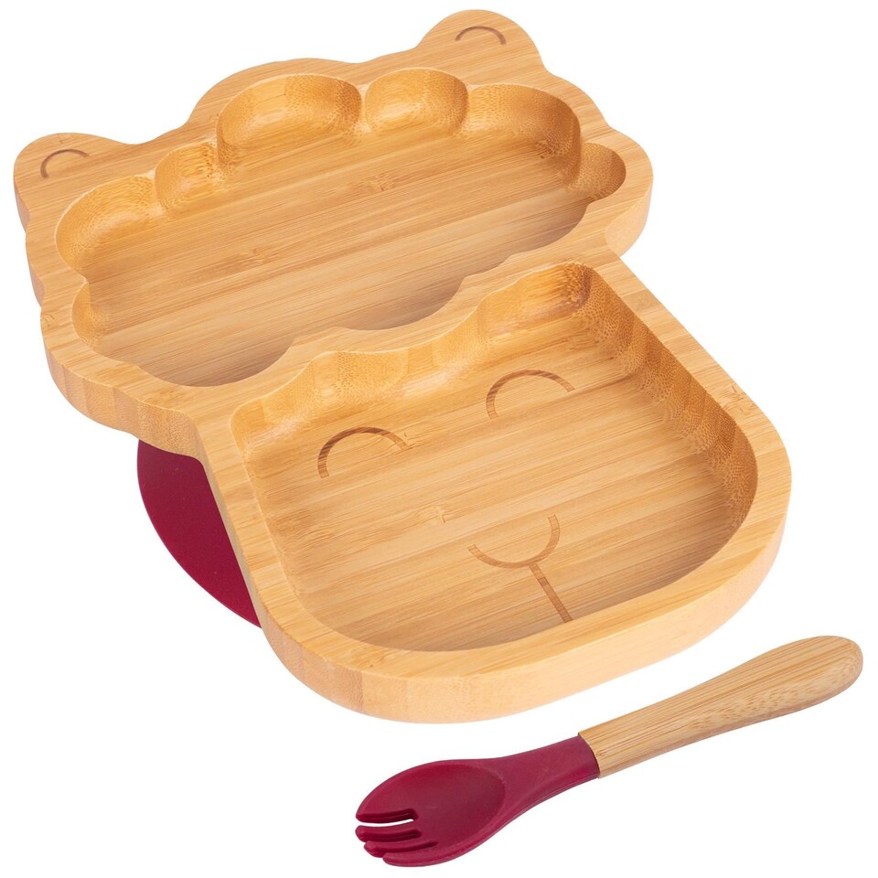 image 1 of Tiny Dining Bamboo Llama Baby Weaning Plate & Fork Set - Red