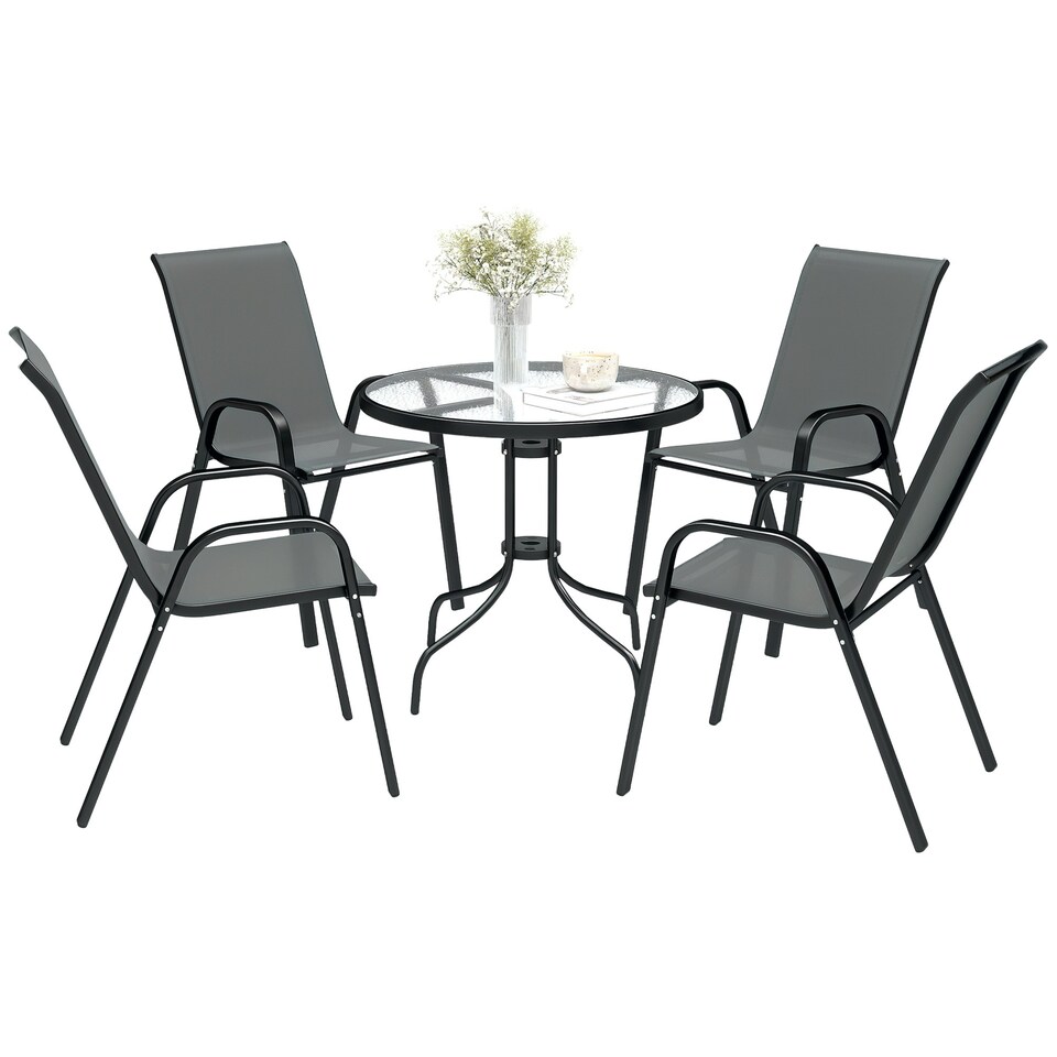 image 1 of Outsunny 5 PCs Garden Furniture Set, Round Table and Stackable Chairs, Grey