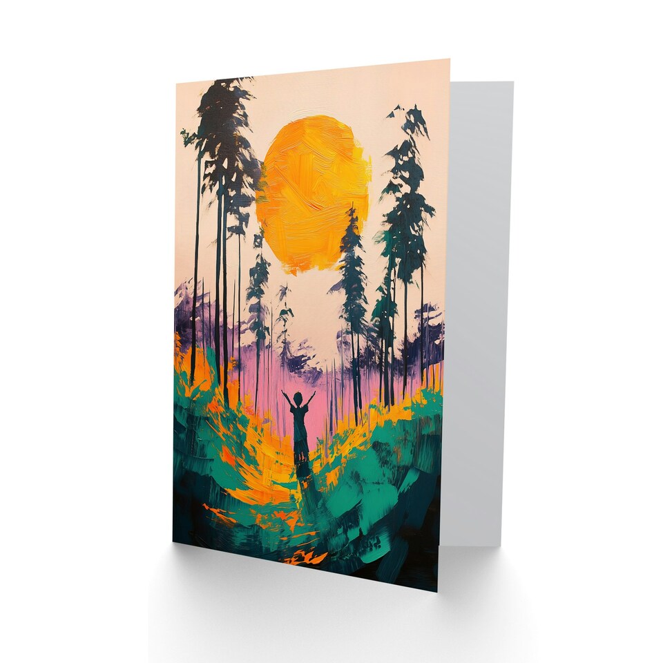image 1 of Sunrise Joy Abstract Forest Landscape Painting Birthday Greeting Card