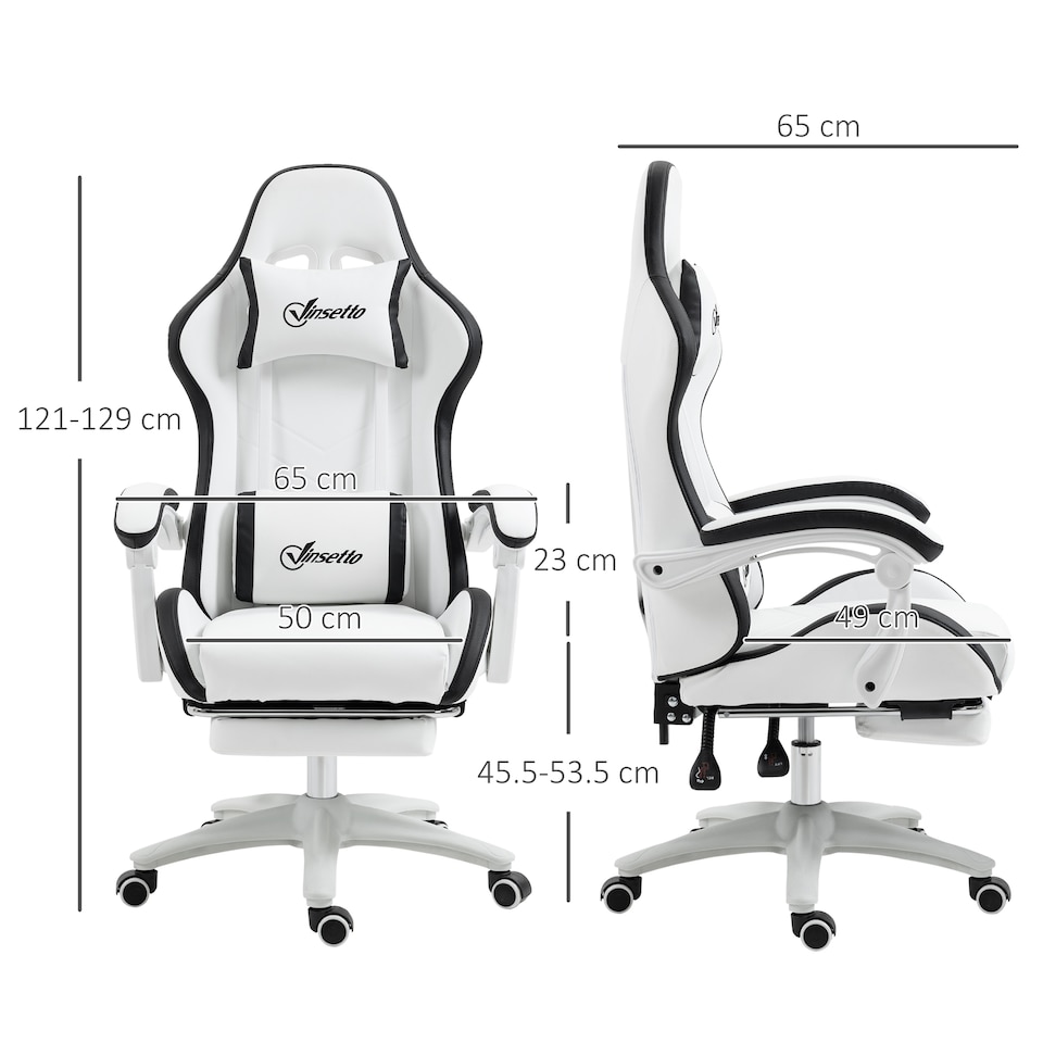 image 1 of Vinsetto Computer Gaming Chair, PU Leather Office Desk Chair with Footrest, Swivel Wheels, 135 Reclining Back, Lumbar Support, Headrest for Home, White and Black