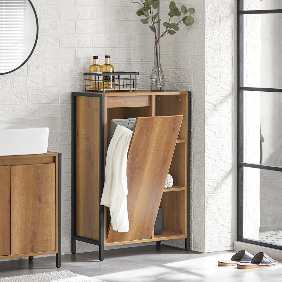 image 1 of SoBuy Slim Bathroom Storage Cabinet with Removable Laundry Basket, Light Brown, 23.6x11.8x35.4 inches, 24.1 kg - BZR65-PF