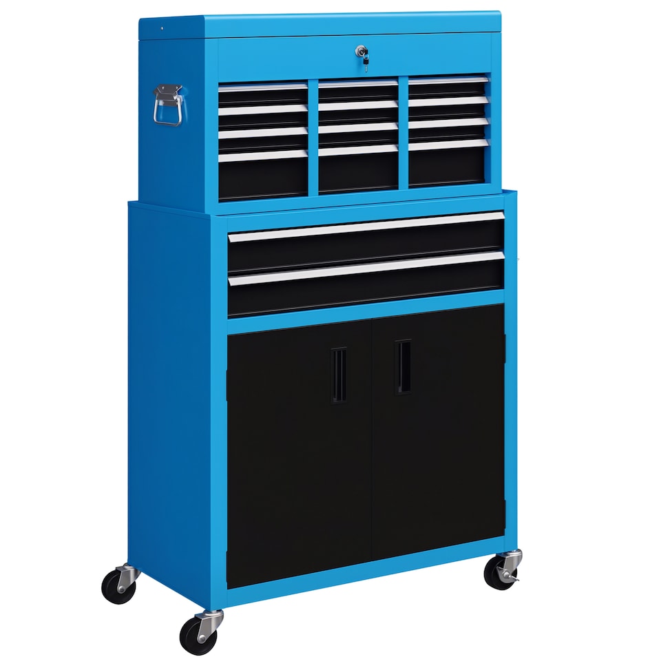 image 1 of HOMCOM Tool Chest, Metal Tool Cabinet on Wheels with 6 Drawers, Pegboard, Top Chest and Roller Cabinet Combo, 61.6 33 108cm, Blue | Blue | Black | 1