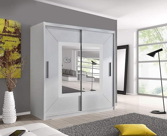 Sliding Wardrobe with Mirror Space Saving Bedroom Wardrobe, Contemporary Bedroom Sliding Wardrobe & Mirror Wardrobe (White, 180cm)