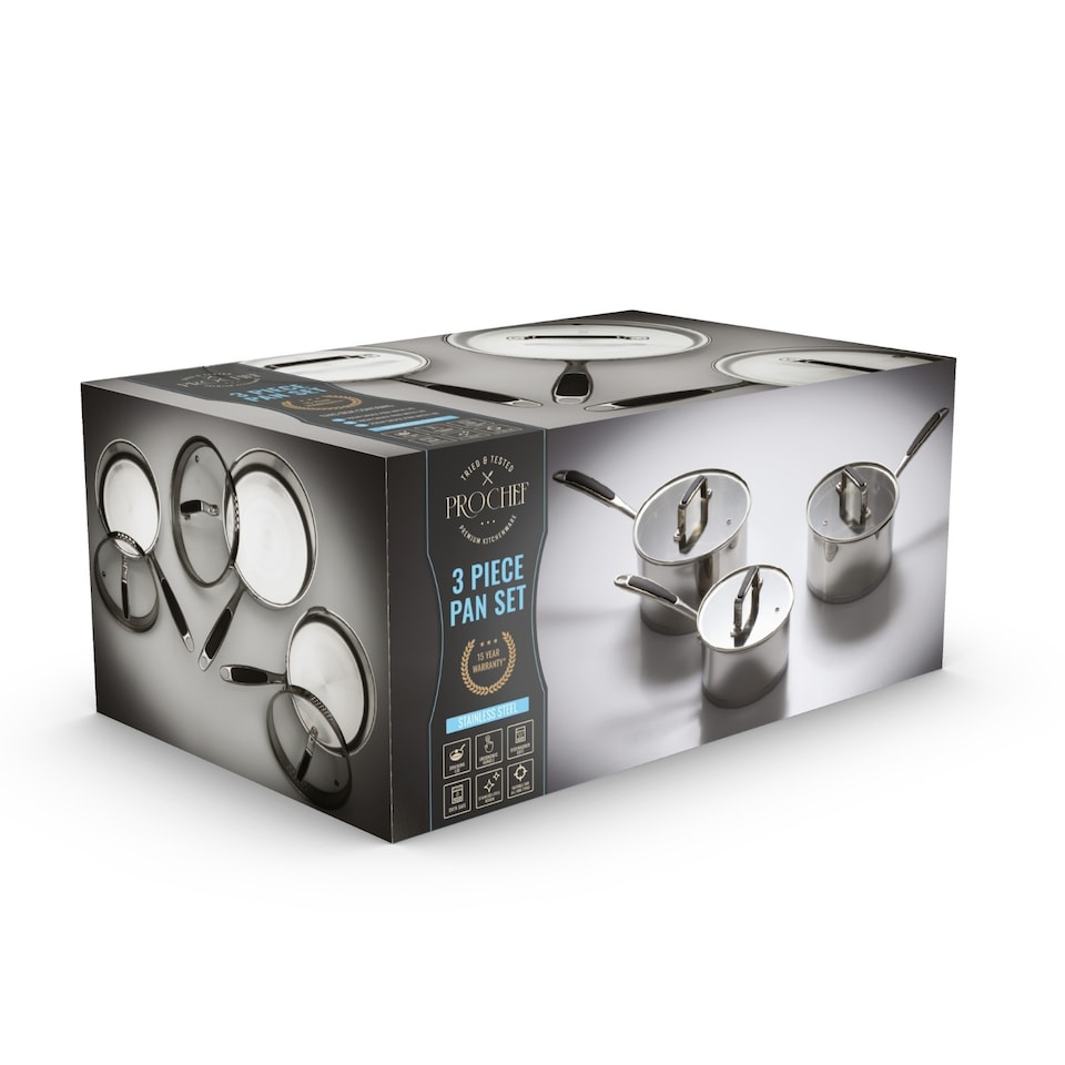 image 1 of ProChef 3 Piece Stainless Steel Saucepan Set with Lid 16 18 20cm