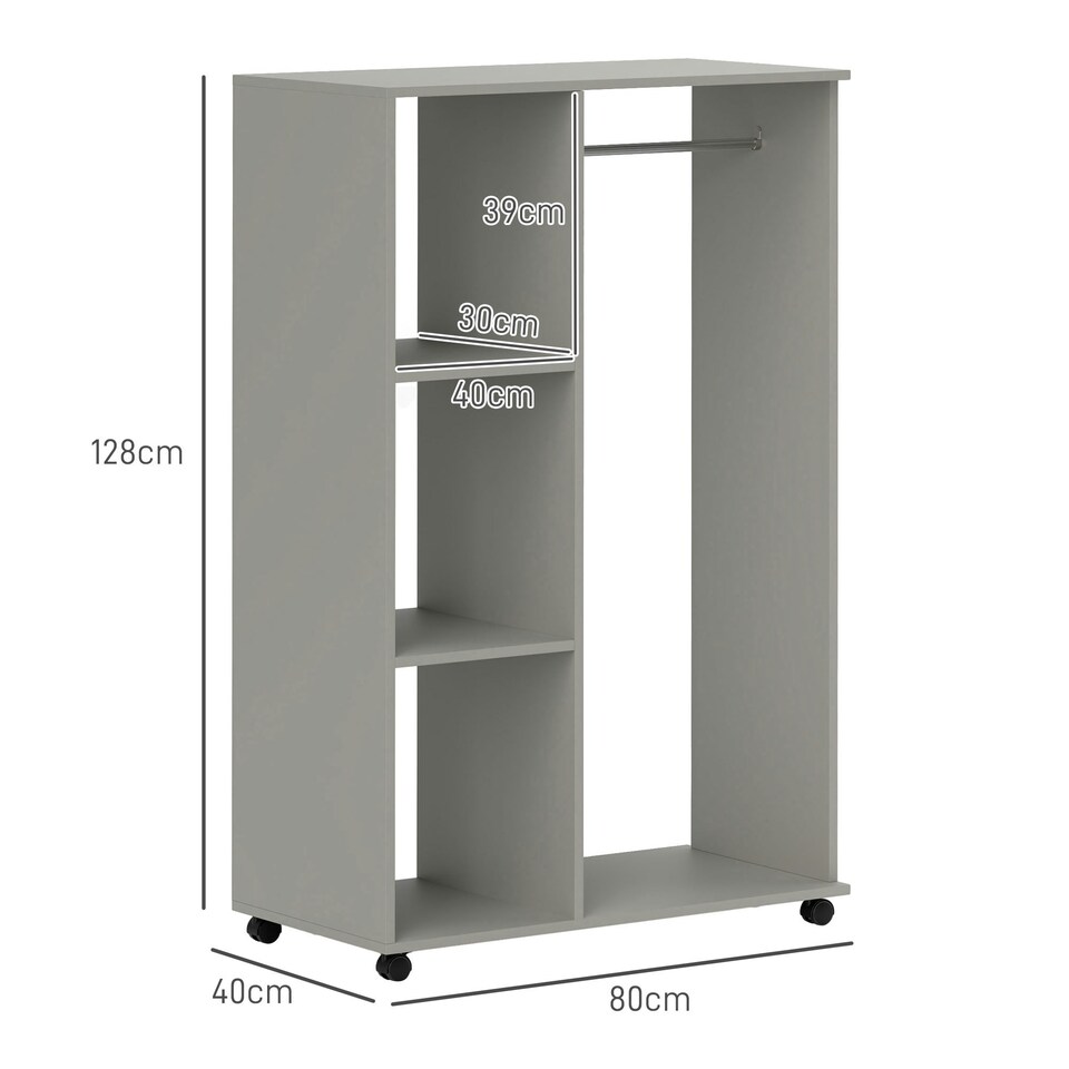 image 1 of HOMCOM Rolling Open Wardrobe Hanging Rail Storage Shelves for Clothes, Grey