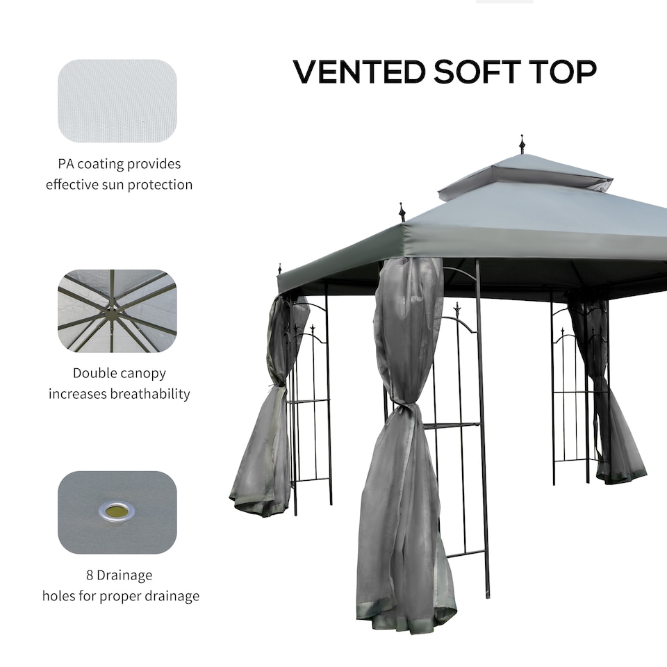image 1 of Outsunny 3Mx3M Garden Gazebo Double Top Outdoor Canopy Patio Event Party Wedding Tent Backyard Sun Shade with Netting  Grey