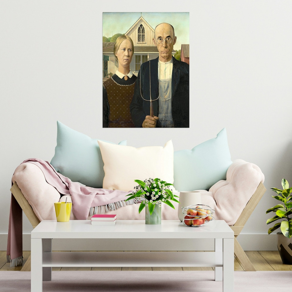 image 1 of Grant Wood Midwest Farmer American Gothic Painting Large Wall Art Print 18x24 Inch | Multi