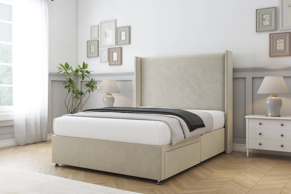 image 1 of Sloomy Devonshire Cream Plush Divan Bed With Mattress No Drawers With 54" Wingback Headboard 4'6 Double | Cream | Cream | Double | 1
