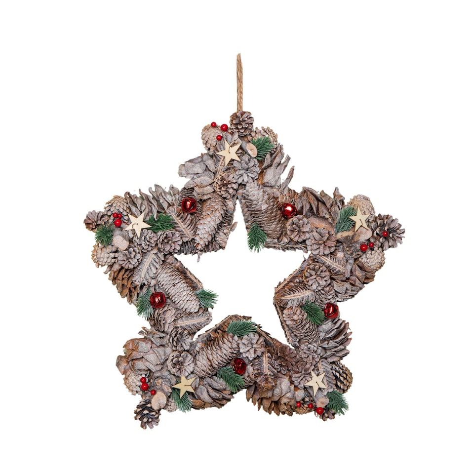 image 1 of 45cm Frosted Hanging Christmas Star Wreath with Red Jingle Bells & Wooden Stars
