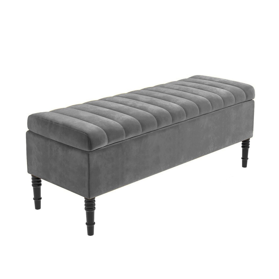 image 1 of 90cm Paris Striped Ottoman Storage Bench- Plush Velvet Shoe Bench - Grey Upholstery Footstool with Storage