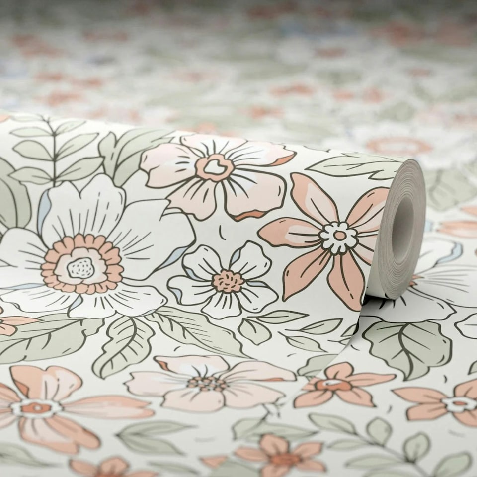 image 1 of Gorgeous Gardenia Wallpaper in Sage, Soft Blues and Peach Multi