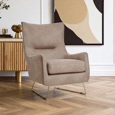 Brown Faux Leather Armchair,Accent Chair With Golden Iron Legs,Faux Chair,Curved Backrest Chair For Reading Brown