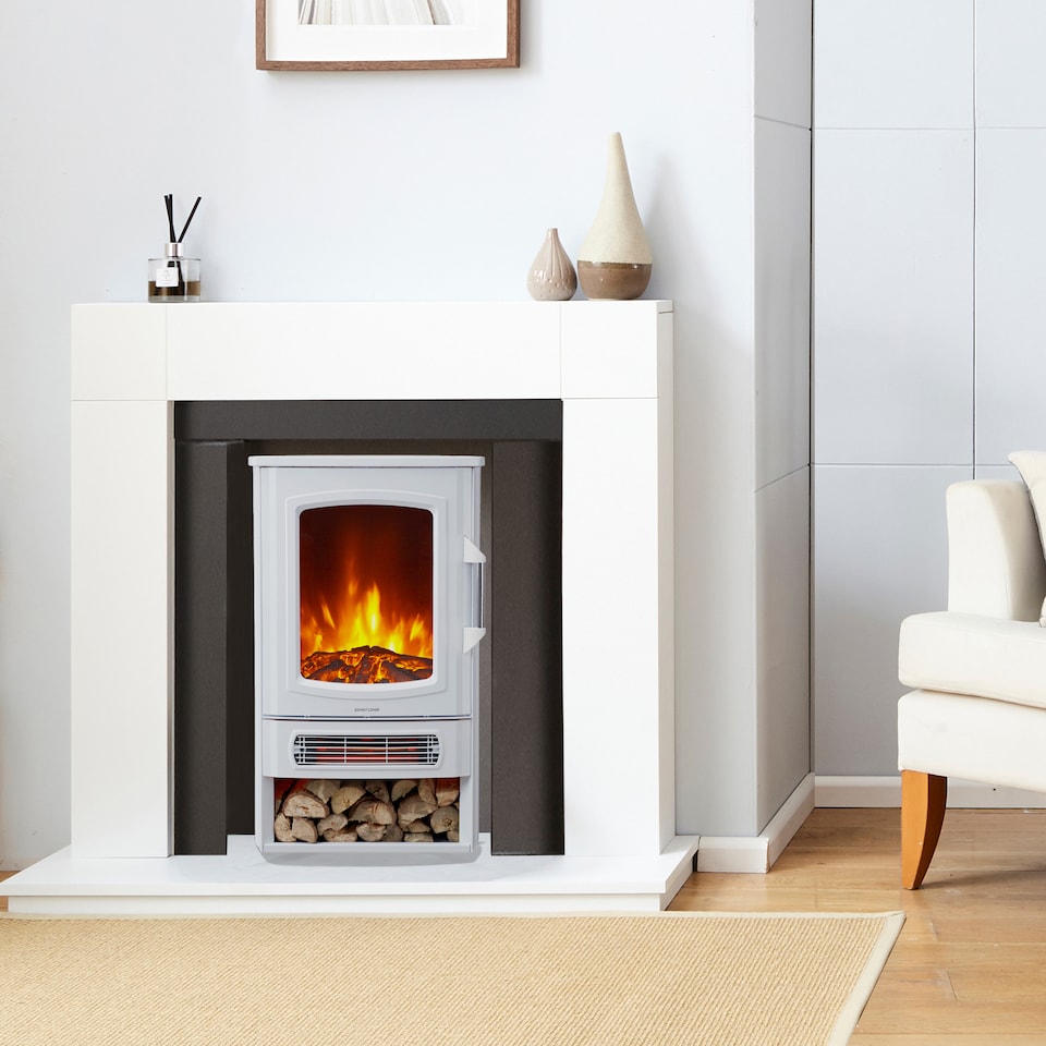 image 1 of Neo 1000W / 2000W Freestanding Electric Fire Stove Heater Burner Realistic Flame and Log Store | White