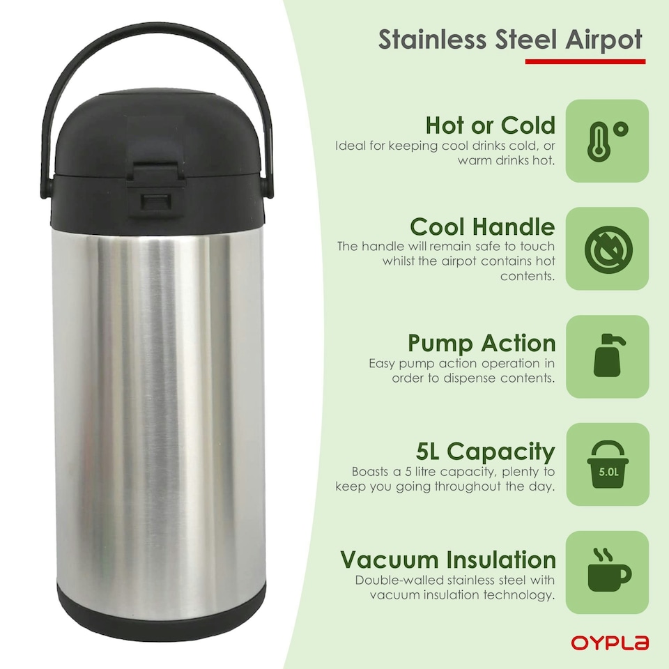 image 1 of Oypla 5L Stainless Steel Airpot Insulated Vacuum Thermal Flask Jug