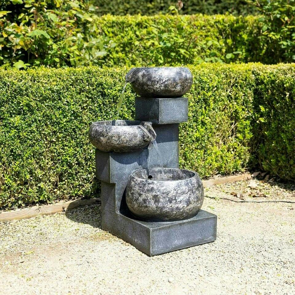 image 1 of Primrose Tavira Tiered Bowls Stone Effect Water Feature With LEDs Grey 66cm