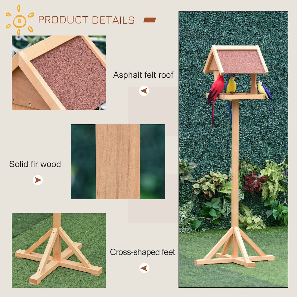 image 1 of PawHut Wooden Bird Feeder w/ Cross-shaped Support Feet Weather Resistant Roof
