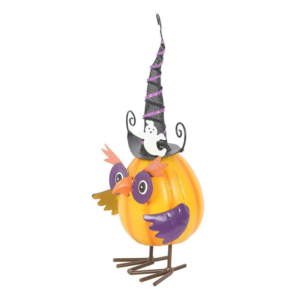 image 1 of Orange Metal Owl Ornament with Witch Hat and Ghost