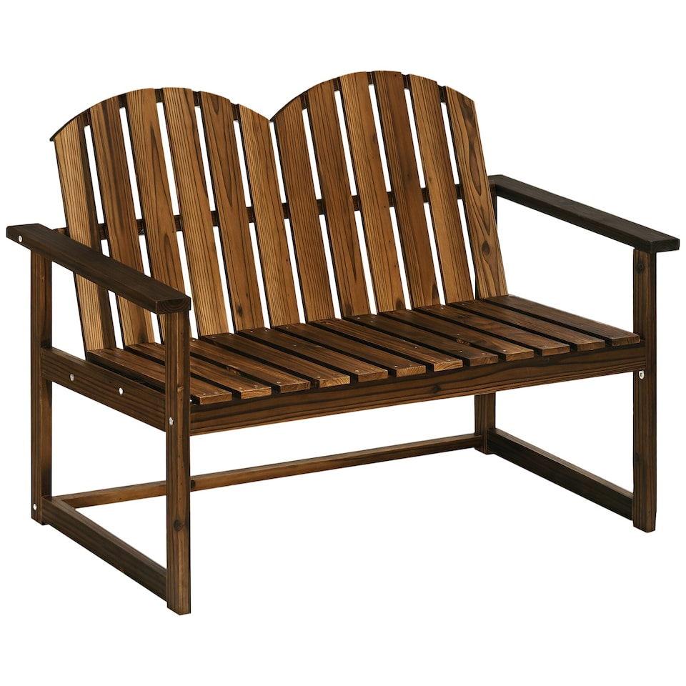 image 1 of Outsunny Outdoor Wooden Garden Bench, Patio Loveseat Chair with Slatted Backrest and Smooth Armrests for Two People, for Yard, Lawn, Porch, Carbonised Finish
