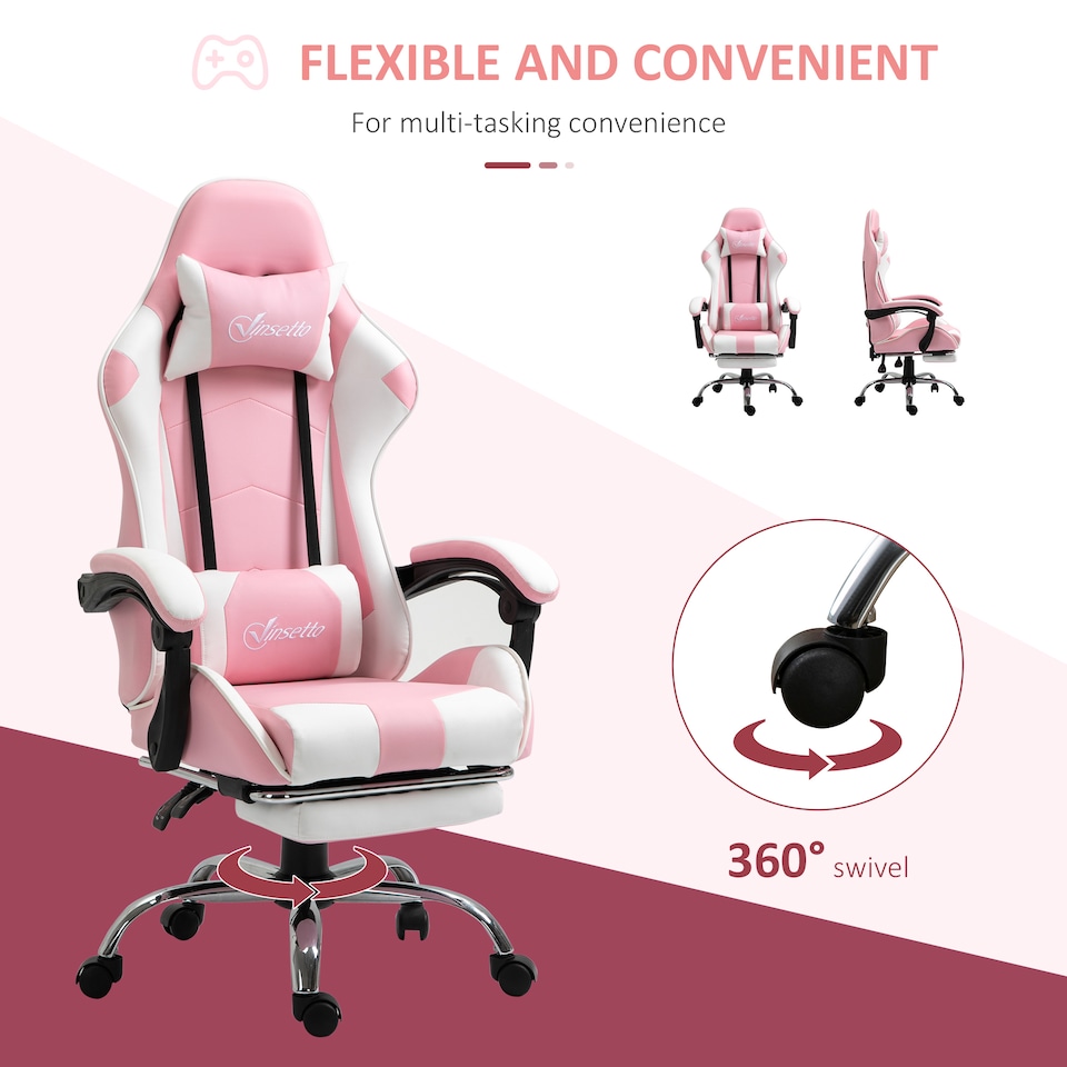 image 1 of Vinsetto Ergonomic Gaming Chair, PU Leather Reclining Computer Chair with Footrest and Lumbar Support, Headrest and Adjustable Height for Adults, Pink