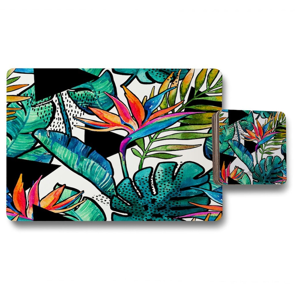 image 1 of tropical leaves and flowers with contour (Placemat & Coaster Set)