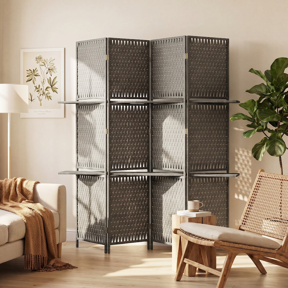 image 1 of HOMCOM 4-Panel Folding Room Divider with Shelves