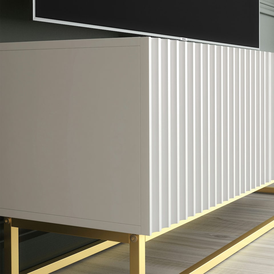 image 1 of TV Unit 100cm White Matt with Fluted Fronts and Gold Legs White