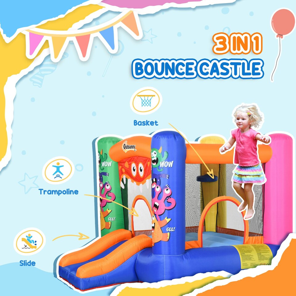 image 1 of Outsunny Bouncy Castle with Slide Basket Trampoline Monster Design 2.5x1.8x1.75m