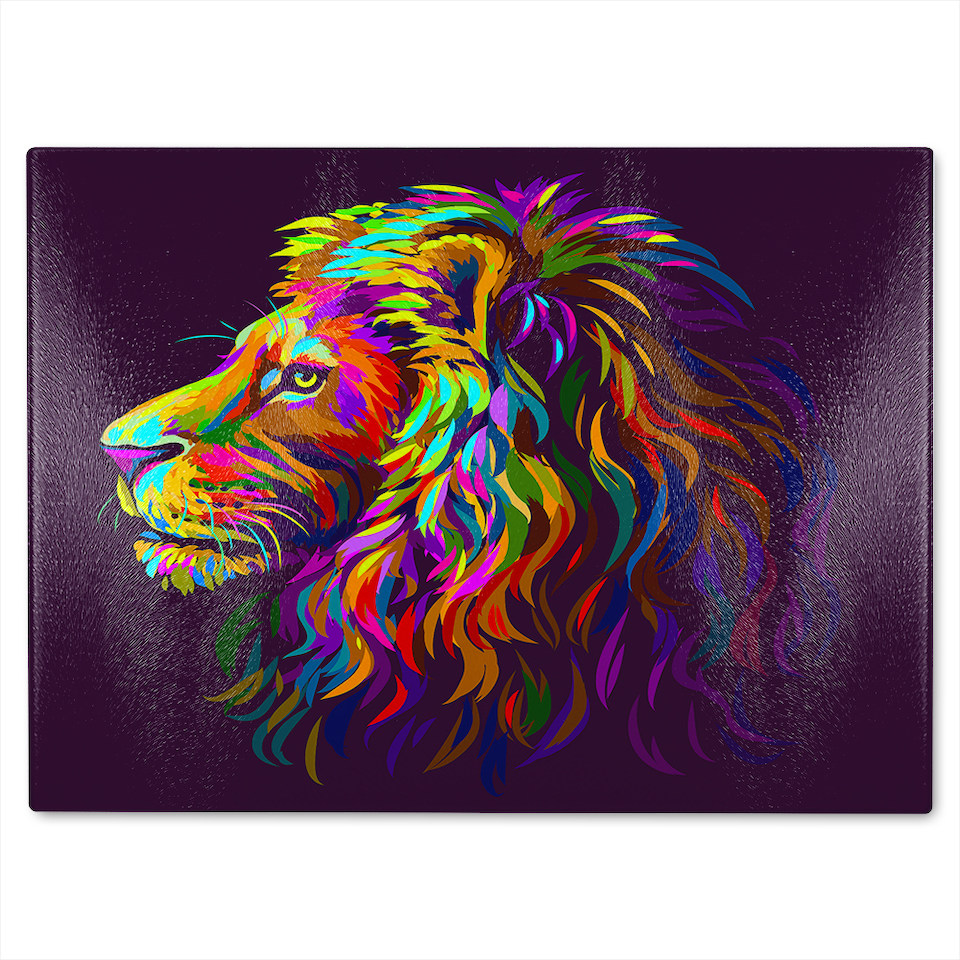 image 1 of lion's head on a purple background in popart style Designer Glass Chopping Board | Multi