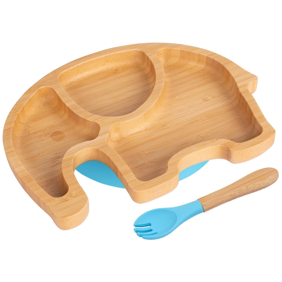 image 1 of Tiny Dining Bamboo Elephant Baby Weaning Plate & Fork Set - Blue