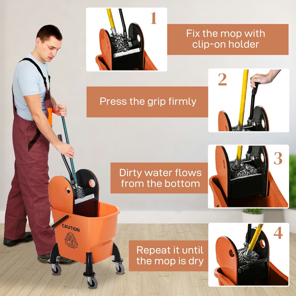 image 1 of HOMCOM Mop Bucket on Wheels w/ Carry Handle, Mop Holder for Household Orange