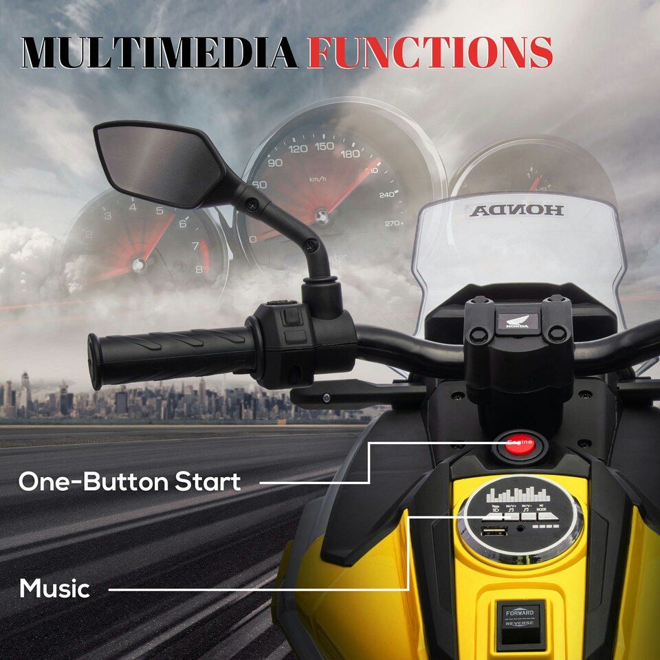 image 1 of AIYAPLAY Honda Licensed 12V Kids Electric Bike w/ Music, Headlights - Yellow