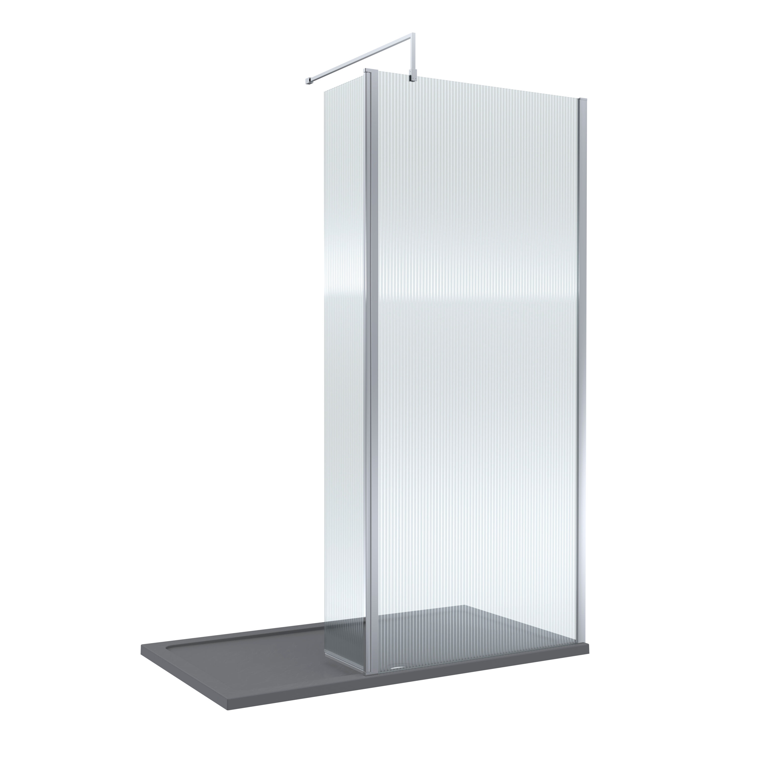 8mm Fluted Glass Walk In Wetroom Screen And Hinged Return With Chrome Profile And Grey Shower Tray - 1400 X 800mm