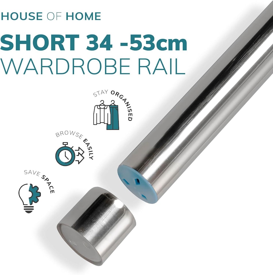 image 1 of House of Home Extendable Wardrobe Pole 34-53CM Adjustable Rail Hanger Steel Heavy Duty Easy Assemble | Chrome