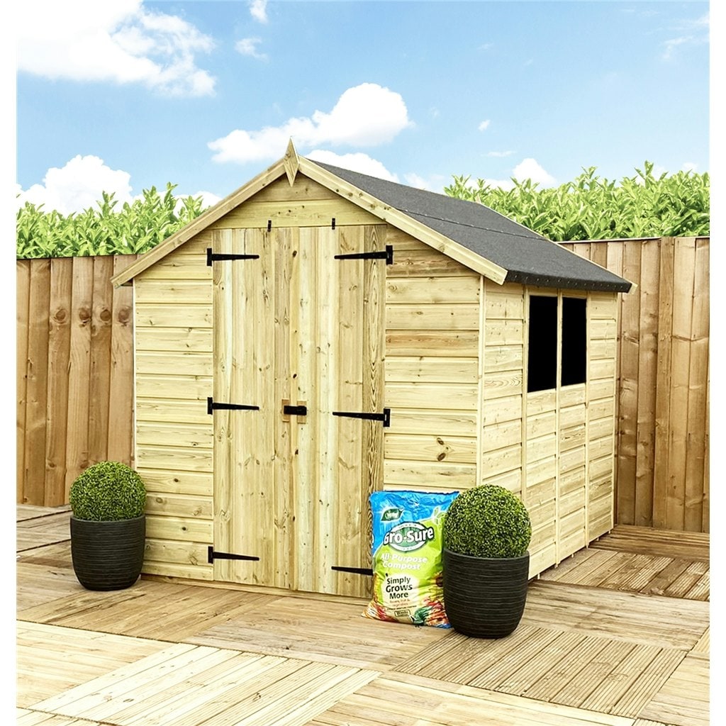 8 x 6 Pressure Treated Tongue And Groove Double Door Apex Shed - 2 Windows + Low Eaves (8' x 6') / (8ft x 6ft) (8x6)