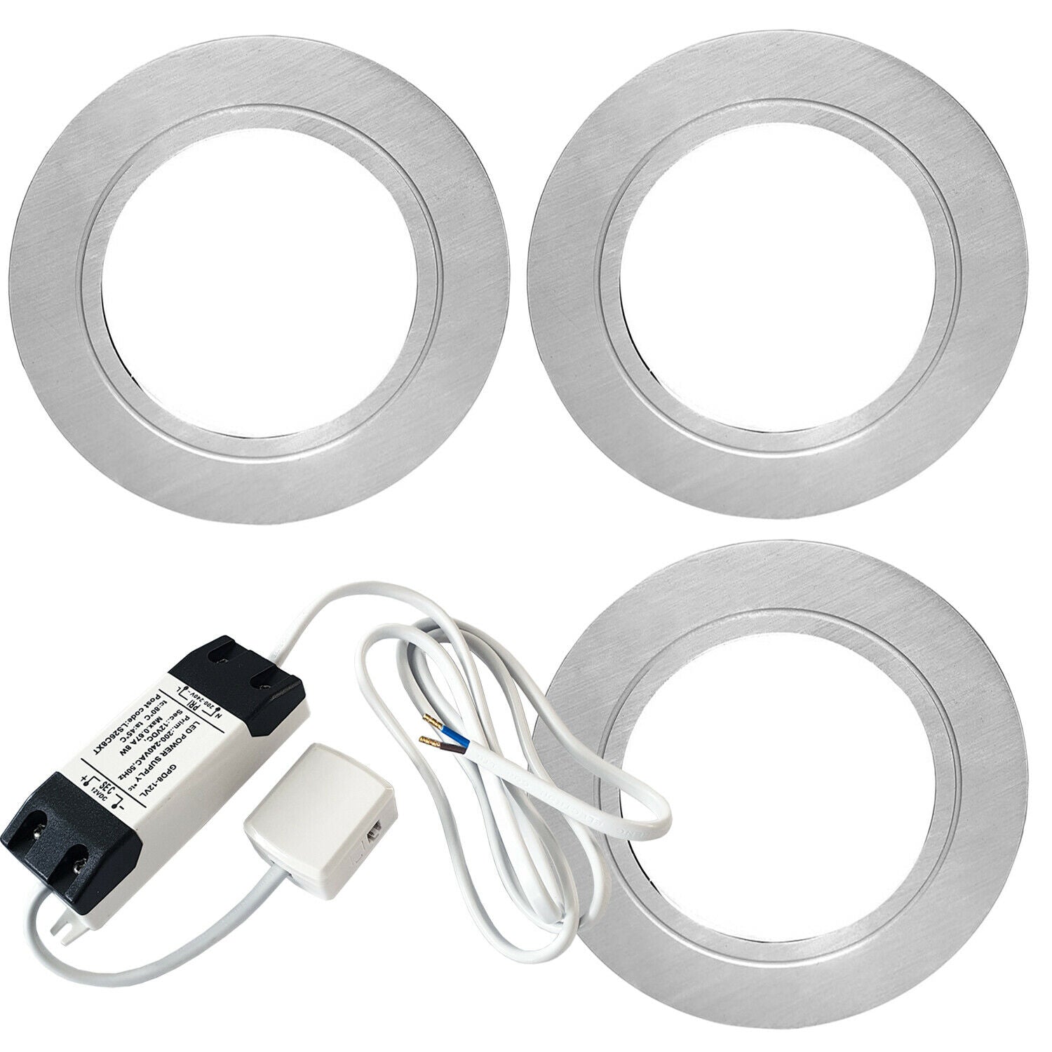 Loops 3x BRUSHED NICKEL Round Flush Under Cabinet Kitchen Light & Driver Kit - Natural White LED in Metallics