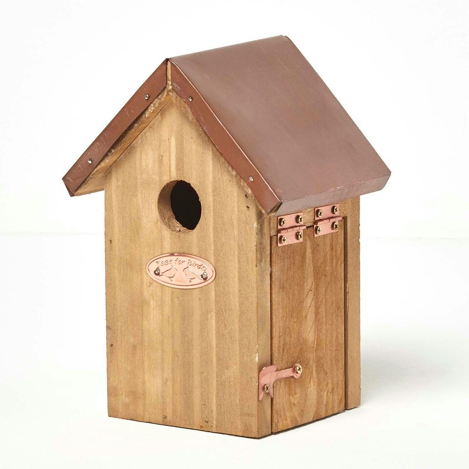 image 1 of Homescapes Real Wood Bird Box House with Copper Roof Brown