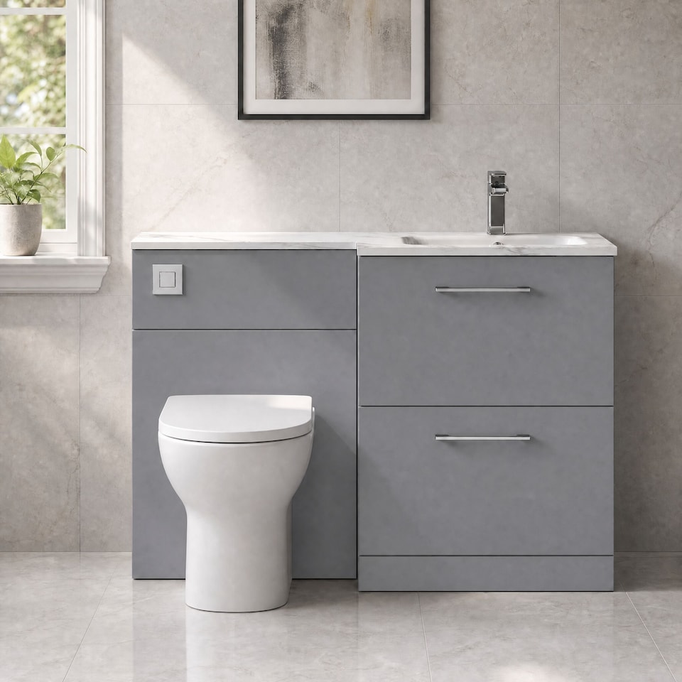 image 1 of Balterley Bramshall Contemporary Floor Standing 2 Drawer Vanity Basin WC Combination Unit, Carrera Marble Stone Basin, Right Hand, 1100mm, Satin Grey